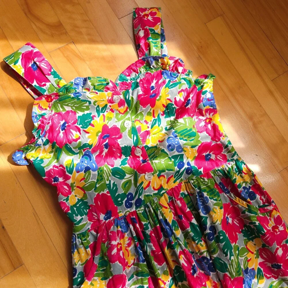 Vintage tropical cotton floral sleeveless midi dress, ruffle sweetheart neckline - Picture 12 of 13